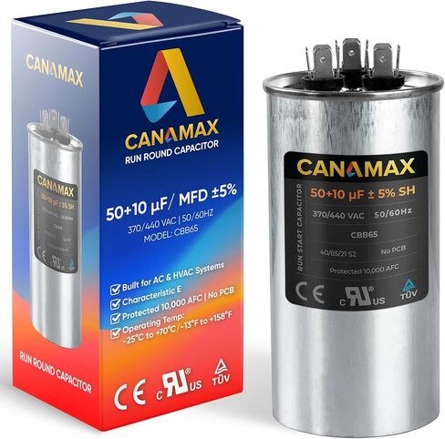 Canamax 50+10 uf/MFD ±5% 370-440 VAC Round Start Capacitor - Replacement for AC Motor Run or Fan Start and Cool or Heat Pump Air Conditioner - Replaces 100335-21 14239 C35010 C35010R PRCD5010 in Saudi Arabia