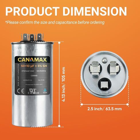 Canamax 50+10 uf/MFD ±5% 370-440 VAC Round Start Capacitor - Replacement for AC Motor Run or Fan Start and Cool or Heat Pump Air Conditioner - Replaces 100335-21 14239 C35010 C35010R PRCD5010 in Saudi Arabia