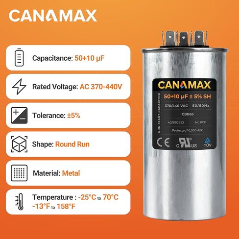 Canamax 50+10 uf/MFD ±5% 370-440 VAC Round Start Capacitor - Replacement for AC Motor Run or Fan Start and Cool or Heat Pump Air Conditioner - Replaces 100335-21 14239 C35010 C35010R PRCD5010 in Saudi Arabia