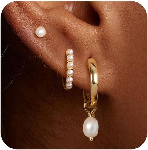 OOOPEL 3 Pairs Stackable Gold Hoop Earrings Set for Women 14K Gold Plated Earring Stacks CZ Heart Pearl Rhombus Bow Four Leaf Star Huggie Earrings for Women Trendy Jewelry in Saudi Arabia