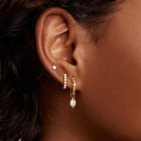 OOOPEL 3 Pairs Stackable Gold Hoop Earrings Set for Women 14K Gold Plated Earring Stacks CZ Heart Pearl Rhombus Bow Four Leaf Star Huggie Earrings for Women Trendy Jewelry in Saudi Arabia