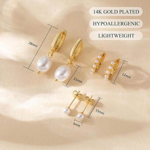 OOOPEL 3 Pairs Stackable Gold Hoop Earrings Set for Women 14K Gold Plated Earring Stacks CZ Heart Pearl Rhombus Bow Four Leaf Star Huggie Earrings for Women Trendy Jewelry in Saudi Arabia