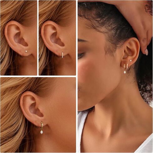 OOOPEL 3 Pairs Stackable Gold Hoop Earrings Set for Women 14K Gold Plated Earring Stacks CZ Heart Pearl Rhombus Bow Four Leaf Star Huggie Earrings for Women Trendy Jewelry in Saudi Arabia