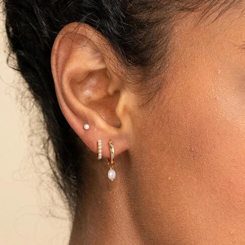 OOOPEL 3 Pairs Stackable Gold Hoop Earrings Set for Women 14K Gold Plated Earring Stacks CZ Heart Pearl Rhombus Bow Four Leaf Star Huggie Earrings for Women Trendy Jewelry in Saudi Arabia