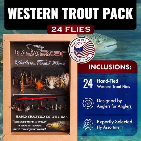 RoxStar Fly Fishing Shop | Proudly Hand Tied in The USA | Western Trout Fly Assortment | Top 24 Producing Trout Flies for The West | Gift Box Included | (24 Pack) in Kuwait