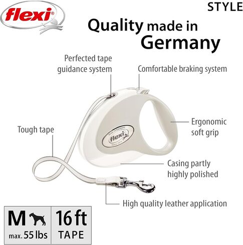 FLEXI® New Classic Retractable Dog Leash (Tape), Ergonomic, Durable and Tangle Free Pet Walking Leash for Dogs Up to 55 lbs, 16 ft, Medium, White/Grey in Saudi Arabia
