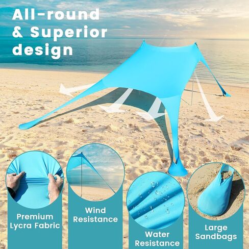 Beach Tent - Beach Tent Canopy UPF 50+ UV, 10 x 10 FT, Anti-Wind Beach Shade with 4 Windproof Ropes, 4 Poles, 1 Portable Bag,Turquoise in Kuwait
