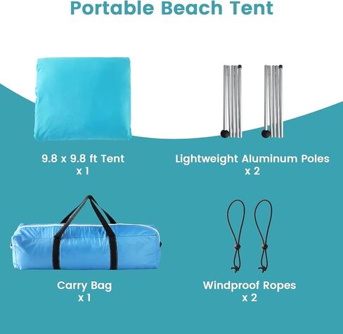 Beach Tent - Beach Tent Canopy UPF 50+ UV, 10 x 10 FT, Anti-Wind Beach Shade with 4 Windproof Ropes, 4 Poles, 1 Portable Bag,Turquoise in Kuwait