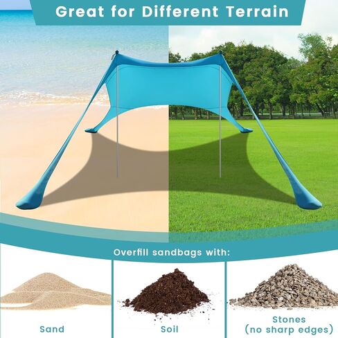 Beach Tent - Beach Tent Canopy UPF 50+ UV, 10 x 10 FT, Anti-Wind Beach Shade with 4 Windproof Ropes, 4 Poles, 1 Portable Bag,Turquoise in Kuwait
