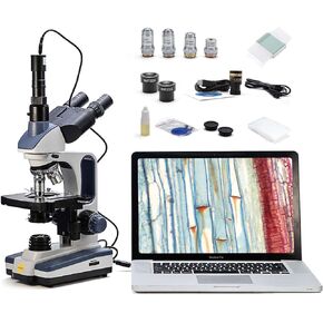Swift Trinocular Compound Microscope SW350T,40X-2500X Magnification,Siedentopf Head,Research-Grade,Two-Layer Mechanical Stage,1.3mp Camera and Software Windows and Mac Compatible