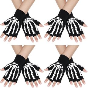 SATINIOR 4 Pairs Skeleton Fingerless Gloves for Women Men Halloween Costume Unisex Skeleton Gloves Skull Goth Bones Half Finger Gloves Winter Knitted Stretchy Black Fingerless Gloves in Kuwait