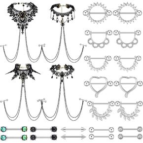 Sasylvia 24 Pcs 14G Nipple Rings for Women and Piercing Bra Body Chain 316l Stainless Steel Nipple Straight Piercing Barbell Adjustable Bra Body Piercing Jewelry Set in Saudi Arabia