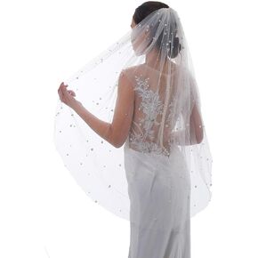 Ursumy Pearl Wedding Veils Flower Cathedral Bridal Veil 118’’ Veils for Brides 1 Tier Fingertip Length Drop Veil Hair Comb (Cathedral Length:300 * 150cm/118 * 59in, White-C) in Kuwait