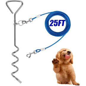 Darkyazi Dog Stake Tie Out Cable and Reflective Stake 16 ft Outdoor, Yard and Camping, for Medium to Large Dogs Up to 125 lbs (16ft Cable, 18" Stake, Silver)