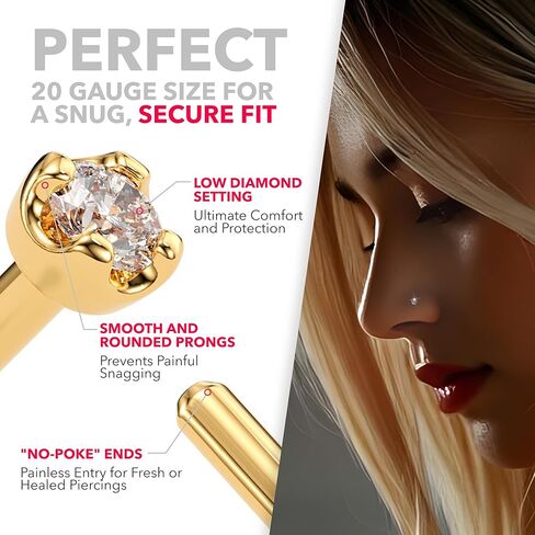 Body Candy 14k Gold L-Shaped Nose Ring with 1.5mm Diamond (0.015 cttw), Hypoallergenic Nose Jewelry - Handmade in USA, 20 Gauge 1/4 inch at Bend in Kuwait