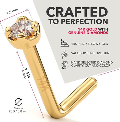 Body Candy 14k Gold L-Shaped Nose Ring with 1.5mm Diamond (0.015 cttw), Hypoallergenic Nose Jewelry - Handmade in USA, 20 Gauge 1/4 inch at Bend in Kuwait