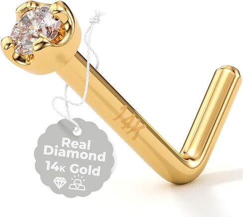 Body Candy 14k Gold L-Shaped Nose Ring with 1.5mm Diamond (0.015 cttw), Hypoallergenic Nose Jewelry - Handmade in USA, 20 Gauge 1/4 inch at Bend in Kuwait