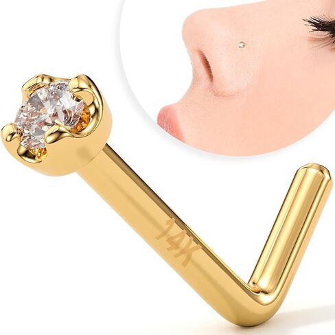 Body Candy 14k Gold L-Shaped Nose Ring with 1.5mm Diamond (0.015 cttw), Hypoallergenic Nose Jewelry - Handmade in USA, 20 Gauge 1/4 inch at Bend in Kuwait
