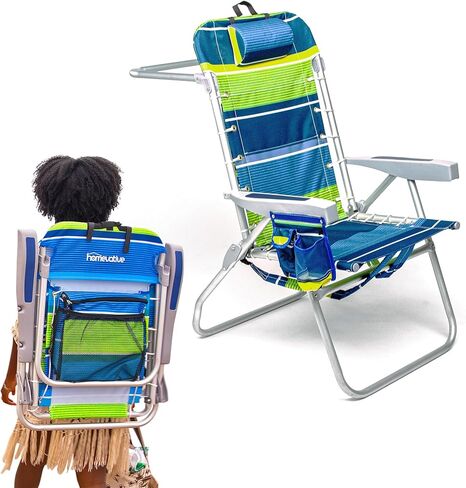 Homevative Cooler+ Folding Tall Backpack Beach Chair, High Tide Blue | High Seat Design 17in, Backpack Straps, Cup & Phone Holder, Cooler Pouch, Towel Bar, 5-Position Recline, Lay-Flat in Kuwait