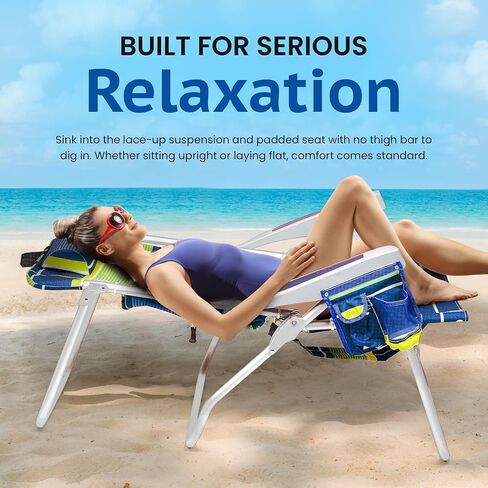 Homevative Cooler+ Folding Tall Backpack Beach Chair, High Tide Blue | High Seat Design 17in, Backpack Straps, Cup & Phone Holder, Cooler Pouch, Towel Bar, 5-Position Recline, Lay-Flat in Kuwait