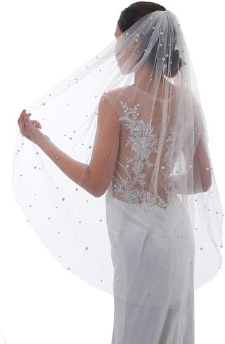 Ursumy Pearl Wedding Veils Flower Cathedral Bridal Veil 118’’ Veils for Brides 1 Tier Fingertip Length Drop Veil Hair Comb (Cathedral Length:300 * 150cm/118 * 59in, White-C) in Kuwait