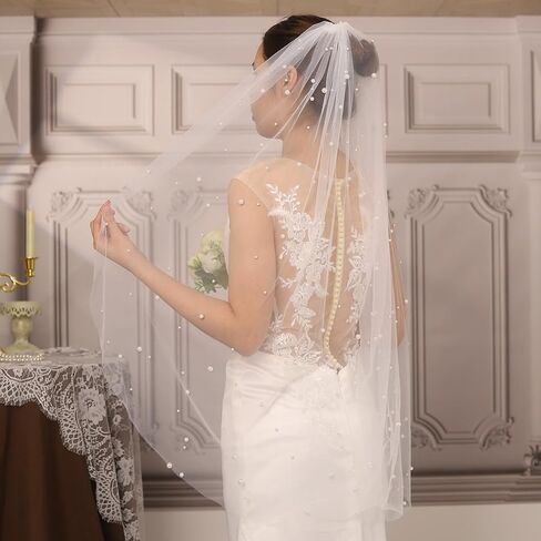 Ursumy Pearl Wedding Veils Flower Cathedral Bridal Veil 118’’ Veils for Brides 1 Tier Fingertip Length Drop Veil Hair Comb (Cathedral Length:300 * 150cm/118 * 59in, White-C) in Kuwait