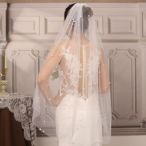 Ursumy Pearl Wedding Veils Flower Cathedral Bridal Veil 118’’ Veils for Brides 1 Tier Fingertip Length Drop Veil Hair Comb (Cathedral Length:300 * 150cm/118 * 59in, White-C) in Kuwait