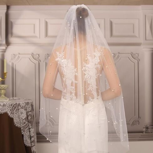 Ursumy Pearl Wedding Veils Flower Cathedral Bridal Veil 118’’ Veils for Brides 1 Tier Fingertip Length Drop Veil Hair Comb (Cathedral Length:300 * 150cm/118 * 59in, White-C) in Kuwait