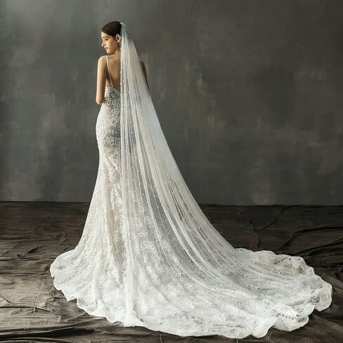 طرحة زفاف طويلة من اللؤلؤ للعرائس من امبري اديل، مقاس 59 × 90 انش، عاجي، طويل, عاجي in Kuwait