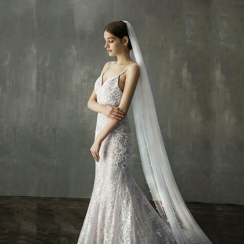 طرحة زفاف طويلة من اللؤلؤ للعرائس من امبري اديل، مقاس 59 × 90 انش، عاجي، طويل, عاجي in Kuwait