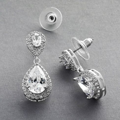 Mariell Clip-On Cubic Zirconia Crystal Teardrop Dangle Bridal and Wedding Earrings, Non-Pierced Earring Style, CZ Jewelry for Brides, Bridesmaids, Homecoming, Prom and Everyday Wear in Saudi Arabia