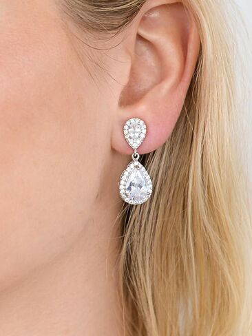 Mariell Clip-On Cubic Zirconia Crystal Teardrop Dangle Bridal and Wedding Earrings, Non-Pierced Earring Style, CZ Jewelry for Brides, Bridesmaids, Homecoming, Prom and Everyday Wear in Saudi Arabia