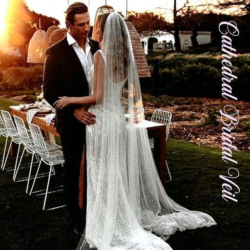 Ursumy Pearl Wedding Veils Flower Cathedral Bridal Veil 118’’ Veils for Brides 1 Tier Fingertip Length Drop Veil Hair Comb (Cathedral Length:300 * 150cm/118 * 59in, Ivory) in Kuwait