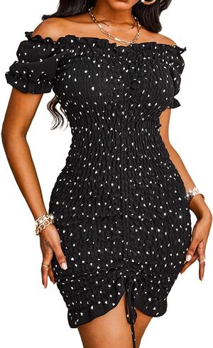 PRETTYGARDEN Women's Summer Off Shoulder Bodycon Dresses Short Sleeve Drawstring Sexy Mini Party Club Smocked Dress in Saudi Arabia