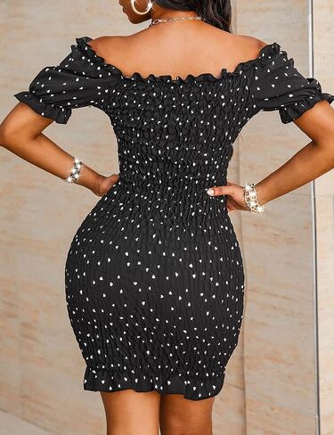 PRETTYGARDEN Women's Summer Off Shoulder Bodycon Dresses Short Sleeve Drawstring Sexy Mini Party Club Smocked Dress in Saudi Arabia