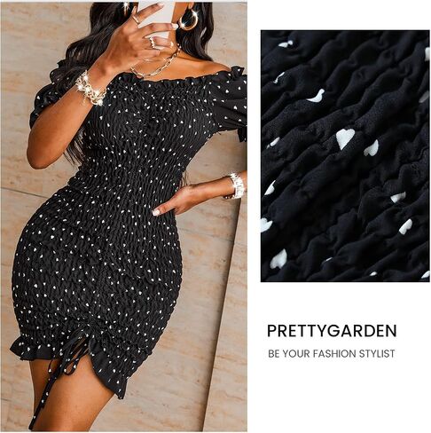 PRETTYGARDEN Women's Summer Off Shoulder Bodycon Dresses Short Sleeve Drawstring Sexy Mini Party Club Smocked Dress in Saudi Arabia