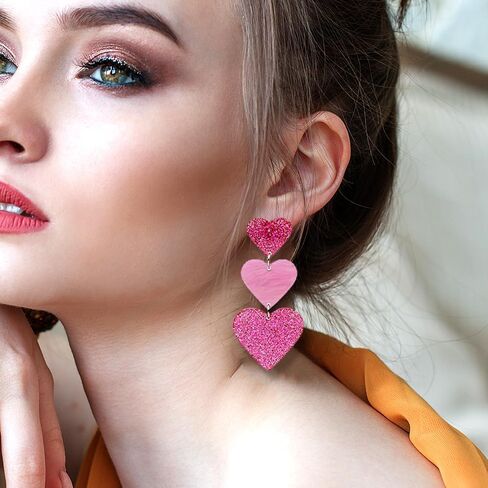 Simple Cute Pink Earrings Dangle for Women Teen Girls, Unique Lightweight Geometric Resin Three Pink Heart Dangle Drop Earrings Jewelry in Saudi Arabia