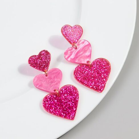 Simple Cute Pink Earrings Dangle for Women Teen Girls, Unique Lightweight Geometric Resin Three Pink Heart Dangle Drop Earrings Jewelry in Saudi Arabia