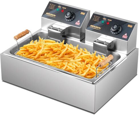 ROVSUN 22.8QT/21.6L Electric Deep Fryer, Commercial Deep Fryer with Baskets Lids Countertop, Stainless Steel Dual Tank Kitchen Fat Fryer Frying Machine for French Fries Donuts, Adjustable Temp, 3400W in Kuwait