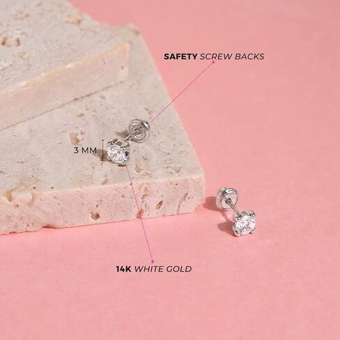 14k White Gold Girl's Clear Cubic Zirconia Prong Set Solitaire Screw Back Earring Studs - Small Elegant Round Screw Back Earring Set for Infants and Toddlers in Saudi Arabia