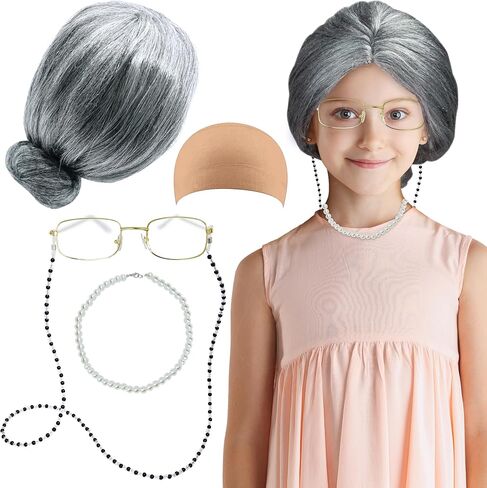 4E's Novelty Old Lady Costume for Kids - 5 Pcs Set for 100th Day of School Grandma Costume for Kids Girls, Gray Wig, Glasses with Chain, Wig Cap, Necklace in Saudi Arabia
