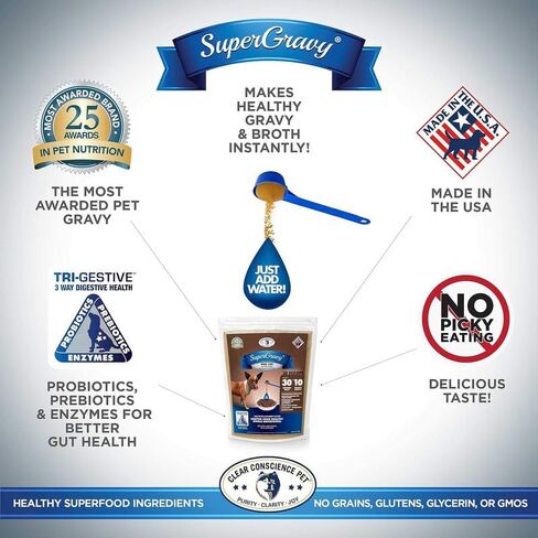 طعام سوبر جرافي باو جوس من كلير كونساينس بت - غطاء طعام طبيعي للكلاب - خليط طعام مرق مرطب - درجة بشرية - توابل طعام قابلة للاكل صعب الإرضاء - خالي من الغلوتين والحبوب، 01085، 60 مغرفة in Kuwait