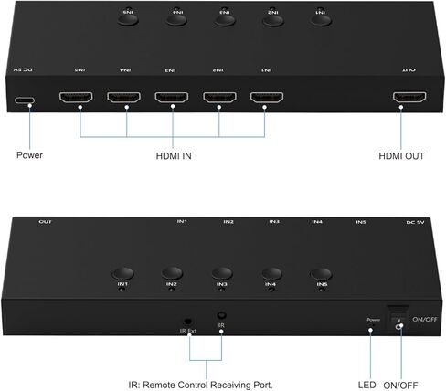 محول HDMI 5x1 HDMI 5 في 1 مخرج HDMI مخرج 5 منافذ مع جهاز تحكم عن بعد يعمل بالأشعة تحت الحمراء HDMI 1.4 HDCP 1.4 يدعم 4KX2K 3D الترا اتش دي دي in Kuwait