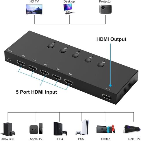 محول HDMI 5x1 HDMI 5 في 1 مخرج HDMI مخرج 5 منافذ مع جهاز تحكم عن بعد يعمل بالأشعة تحت الحمراء HDMI 1.4 HDCP 1.4 يدعم 4KX2K 3D الترا اتش دي دي in Kuwait