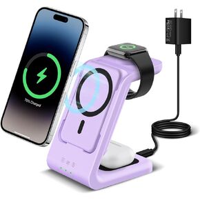 3 in 1 Wireless Charging Station, Fast Charger Stand Compatible for iPhone/Apple Watch/Airpods, 5000mAh Mag-Safe Battery Pack USB C Power Bank for 15 14 13 12 Series, 20W PD Adapter (Black)