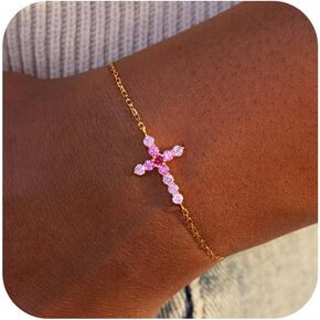 925 Sterling Silver Pink CZ Cross Bracelet for Women 14K Gold Plated Dainty Trendy Faith Cross Adjustable Hypoallergenic Chain Charm Bracelet for Mom Daughter Religious Jewelry Graduation Gift