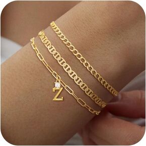 Gold Initial Bracelets for Women Trendy,3 Piece Layered Letter Bracelet Initial A-Z Charm Bracelet Jewelry Cute Simple Fashion Chain Bracelets for Women Teen Gift