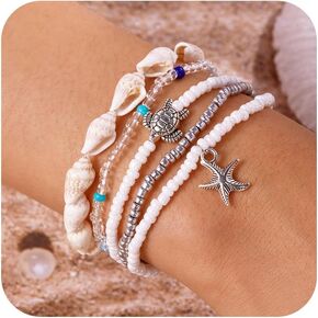 Seashell Bracelets for Women Layered Shell Starfish Sea Turtle Charm Bracelets Boho Beaded Chainlets Summer Beach Surfer Arm Jewelry Accessories for Her