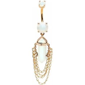 Pierced Owl 14GA 316L Stainless Steel White Opalite Crystal with 4 Tiered Dangling Chains Belly Button Ring