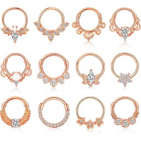 Longbeauty 12pcs حلقات الحاجز المصنوعة من الفولاذ المقاوم للصدأ للنساء 16g حلقات الأنف الحاجز الثقوب Cz حلزوني Tragus Hoop Daith أقراط ثقب المجوهرات 10 ملم